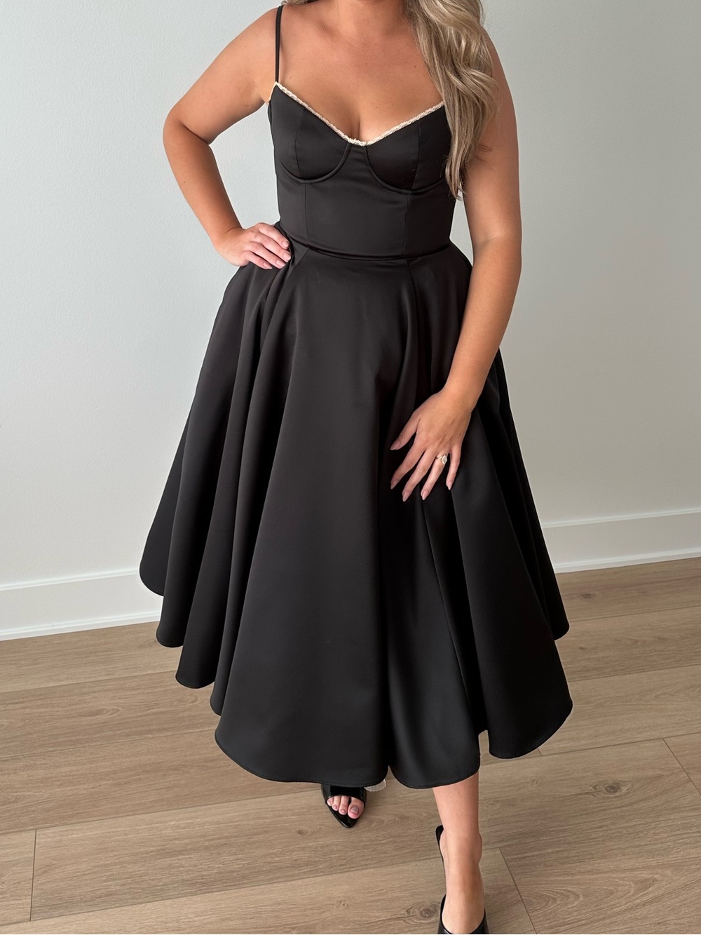 House of CB  “Mademoiselle” Black Corset Spaghetti Strap A-line Midi Dress - Picture 4 of 8